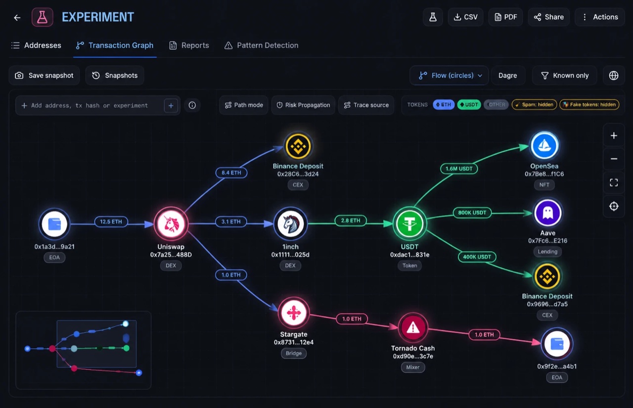 Experiments: a saved transaction graph of a bridge depositor with token flows