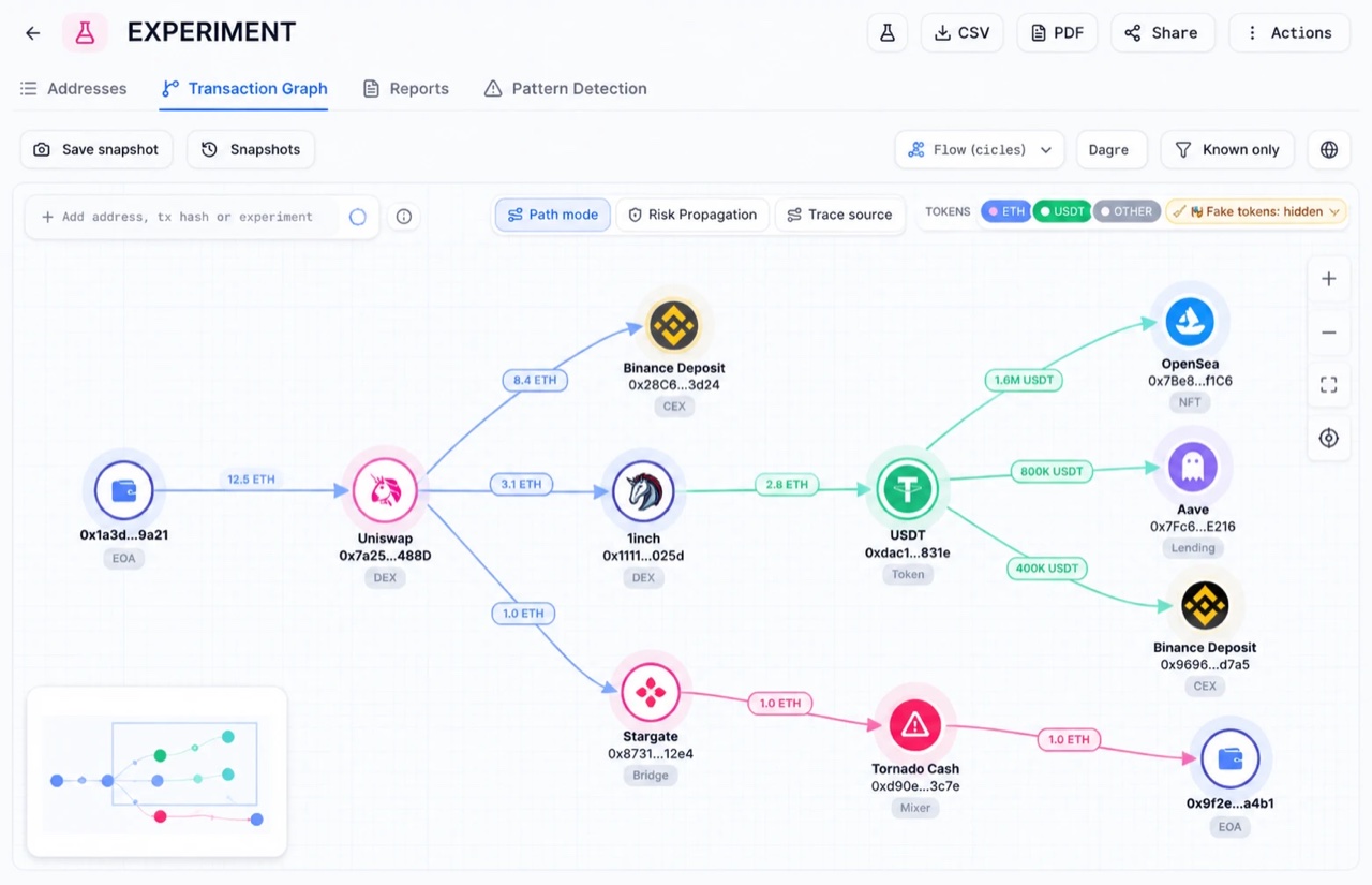 Experiments: a saved transaction graph of a bridge depositor with token flows